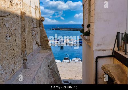 Landscape of beautiful old port of Gallipoli (Fishermen`s boats) Gallipoli, Apulia, Southern Italy Stock Photo